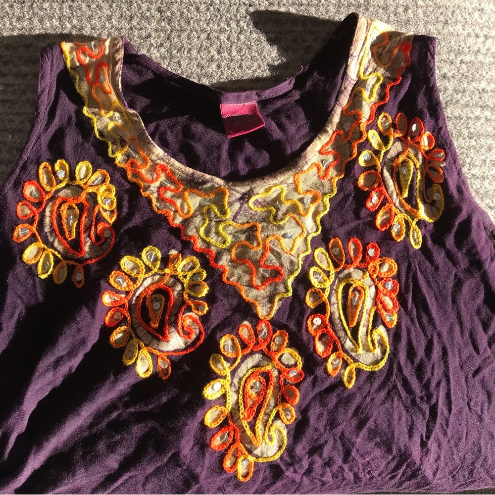 Festival Purple Embroidered Embellished Batik and Sequins Sleeveless Flowy Top